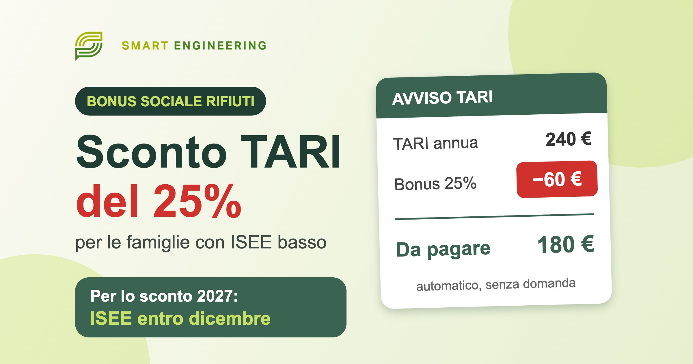Bonus TARI Sconto 25% ISEE 2027 Bonus sociale rifiuti: sconto del 25% sulla TARI per le famiglie con ISEE basso, esempio di avviso TARI da 240 a 180 euro